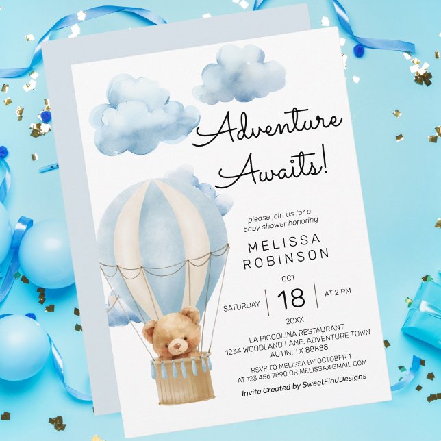 Convite A aventura aguarda o chá do bebê urso de pelúcia (Adventure awaits teddy bear baby boy shower invitation)