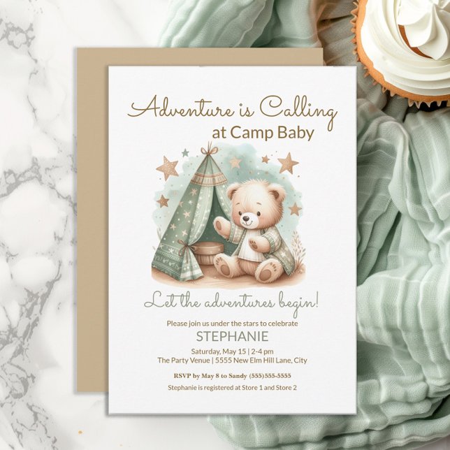 Convite A Aventura chama o Chá de fraldas do Campo (Adventure Awaits at Camp Baby cute teddy bear baby shower invitation. Gender neutral.)