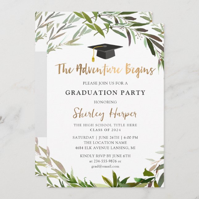 Convite A Aventura Começa A Graduação Dourada Em Verde (Frente/Verso)