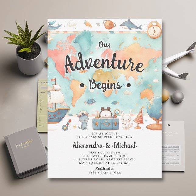 Convite A Aventura Começa A Mapear Casais Chá de fraldas N (our adventure begins baby shower invitation gender neutral cute world map watercolor cute adorable)