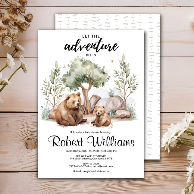 Convite A aventura da mamã aguarda chá de fraldas (Cute mommy bear baby shower invitation , let the adventure begin)