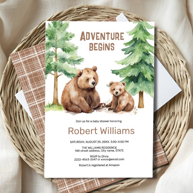 Convite A aventura da mamã aguarda chá de fraldas (“Adorable Watercolor Mama & Baby Bear Invitation – Perfect for a Woodland Baby Shower!”)