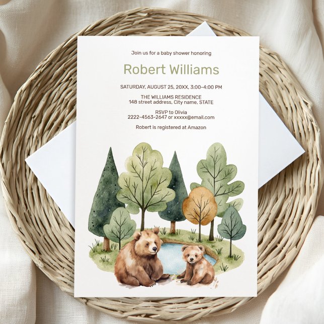 Convite A aventura da mamã aguarda chá de fraldas (“Adorable Watercolor Mama & Baby Bear Invitation – Perfect for a Woodland Baby Shower!”)