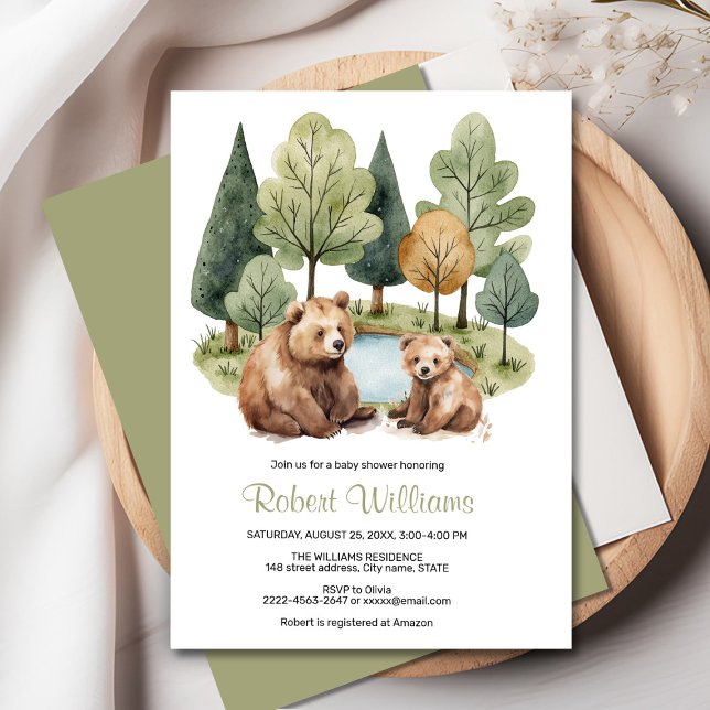 Convite A aventura da mamã aguarda chá de fraldas (“Adorable Watercolor Mama & Baby Bear Invitation – Perfect for a Woodland Baby Shower!”)