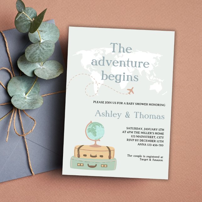 Convite A aventura inicia o Viagem do mapa mundial (the adventure begins travel baby shower invitation world map globe travel suit cases eartly tones)