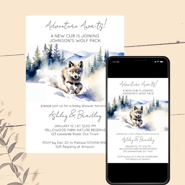 Convite A aventura temida Wolf aguarda chá de fraldas (Adventure awaits  wolf winter woodlands themed baby shower editable template invitation download)