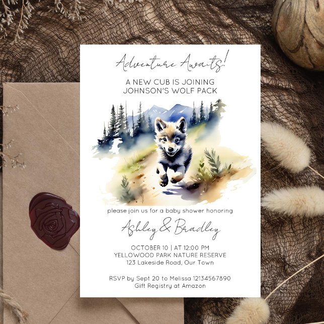 Convite A aventura temida Wolf aguarda chá de fraldas (Adventure awaits wolf themed baby shower editable template invitation watercolor wolf cub wilderness)