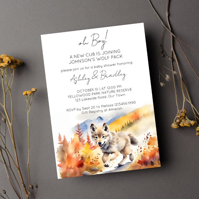 Convite A aventura temida Wolf aguarda chá de fraldas (Wolf themed baby shower template invitation digital download cute pup running Alaska wilderness)