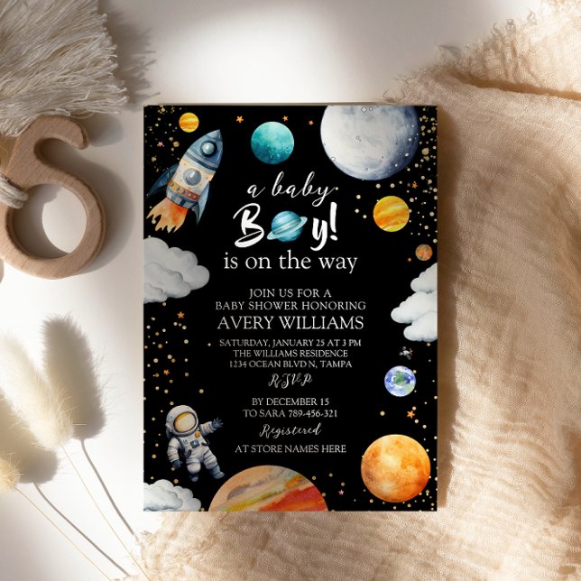 Convite A Baby Boy Is On The Way Black Space Baby Shower (Criador carregado)