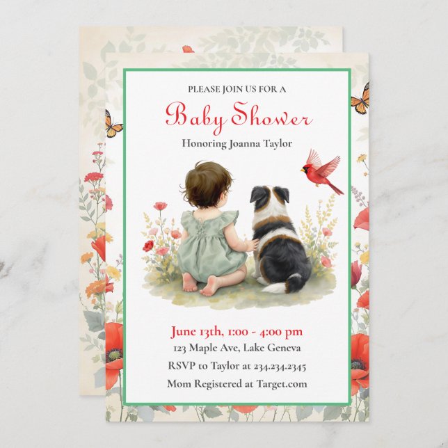 Convite A Baby Girl and her Puppy Baby Shower Invitation (Frente/Verso)