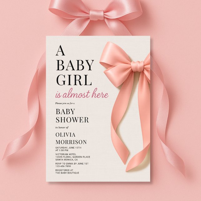 Convite A Baby Girl is Almost Here Pink Bow Baby Shower (Criador carregado)
