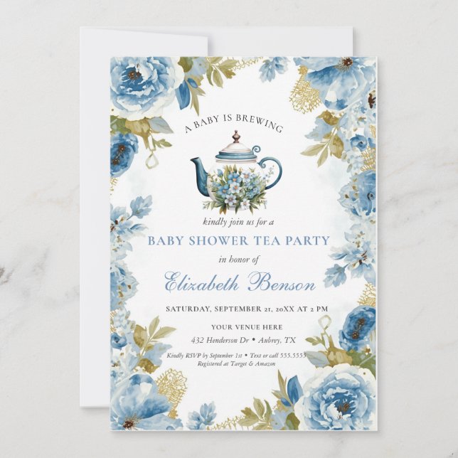 Convite A Baby Is Brewing Blue Floral Shower (Frente)