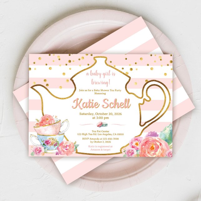 Convite A Baby is Brewing Blush Flower Baby Shower Tea (Criador carregado)