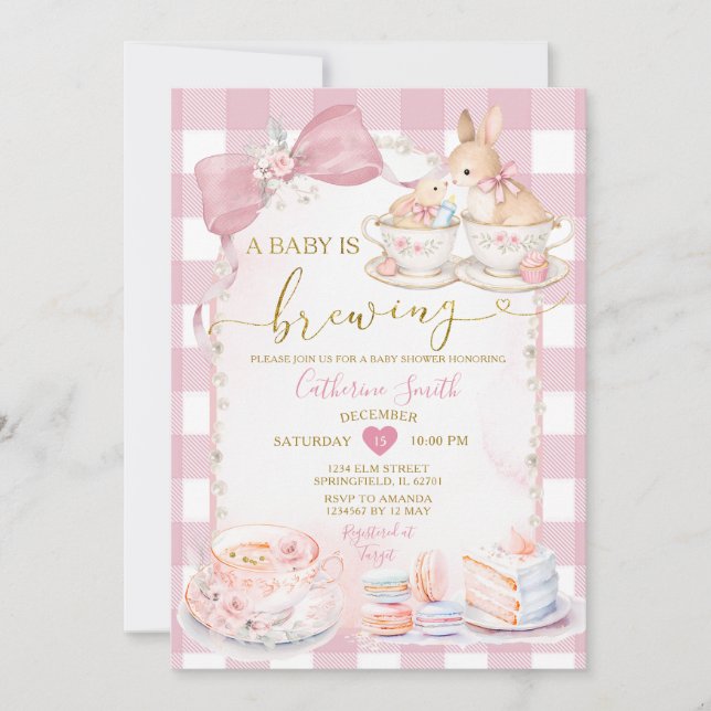Convite A Baby Is Brewing Bunny Teacup Girl Baby Shower  (Frente)