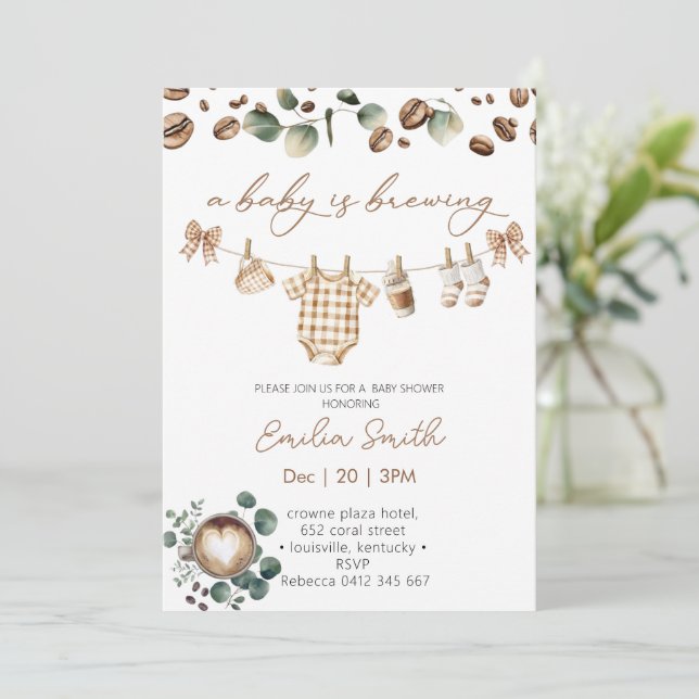 Convite A Baby Is Brewing Coffee Baby Shower (Em pé/Frente)