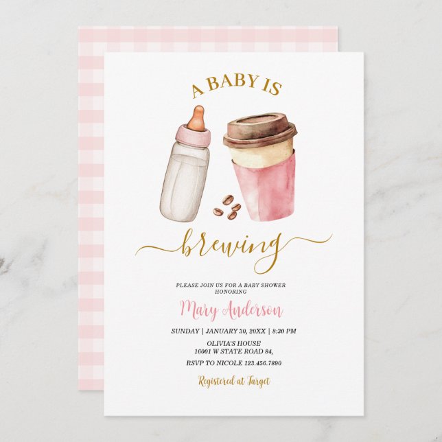 Convite A Baby Is Brewing Coffee Baby Shower for girl (Frente/Verso)