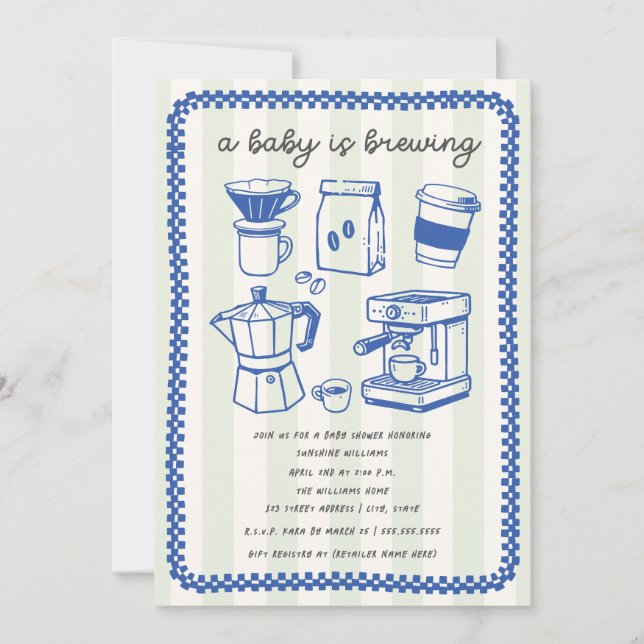 Convite A Baby Is Brewing Doodle Boy Blue Baby Shower (Frente)