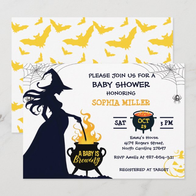 Convite A Baby Is Brewing Halloween Witch Baby Shower (Frente/Verso)