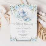 Convite A Baby is Brewing Silver Blue Floral Tea Party<br><div class="desc">Tea party themed baby shower invite in blue and silver. Click the "customize further" button if you wish to re-arrange and format the style and placement of the text. Comes with a matching floral pattern backside.</div>