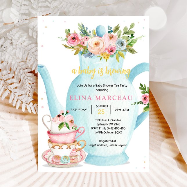 Convite A Baby Is Brewing Tea Party Baby Shower Invitation (Criador carregado)