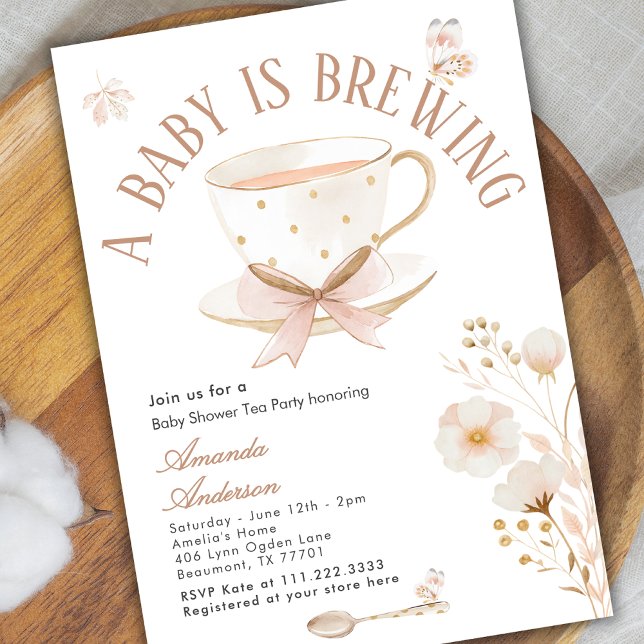 Convite A Baby Is Brewing Tea Party Bow Baby Shower Pastel (Criador carregado)