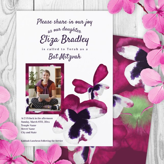 Convite à Bat Mitzvah para Pansies Violet & Purple (12th birthday, photo bat mitzvah invitation, violet pink flowers, summer pansies, berry purple petal)