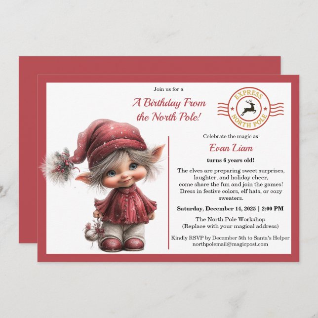 Convite A Birthday From the North Pole | Whimsical Elf  (Frente/Verso)