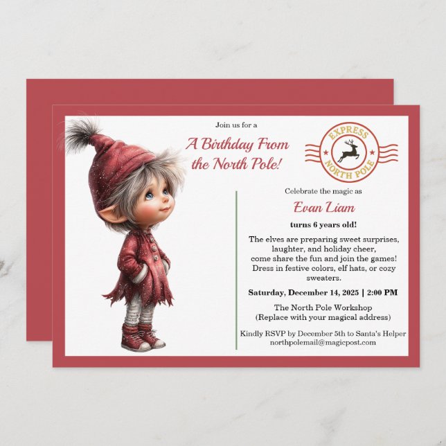 Convite A Birthday From the North Pole | Whimsical Elf  (Frente/Verso)