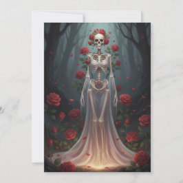 Convite A bony girl wears a wedding dress in a forest.