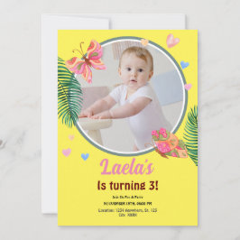 Convite à Borboleta de Aniversário Amarela com Fot