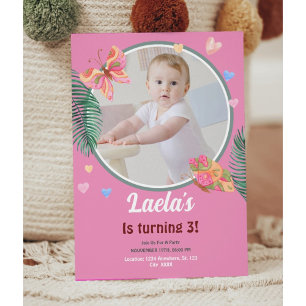 Convite à Borboleta de primeiro aniversario Rosa c