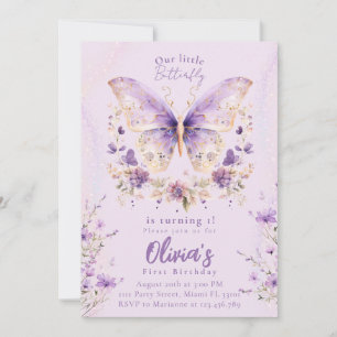 Convite A borboleta roxa está girando um primeiro aniversa