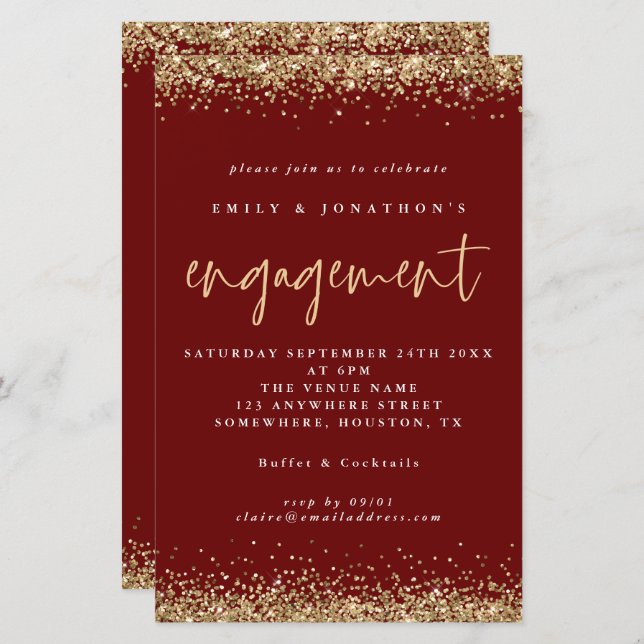 Convite à Borgonha do Noivado Glitter Dourado Orça (Frente/Verso)