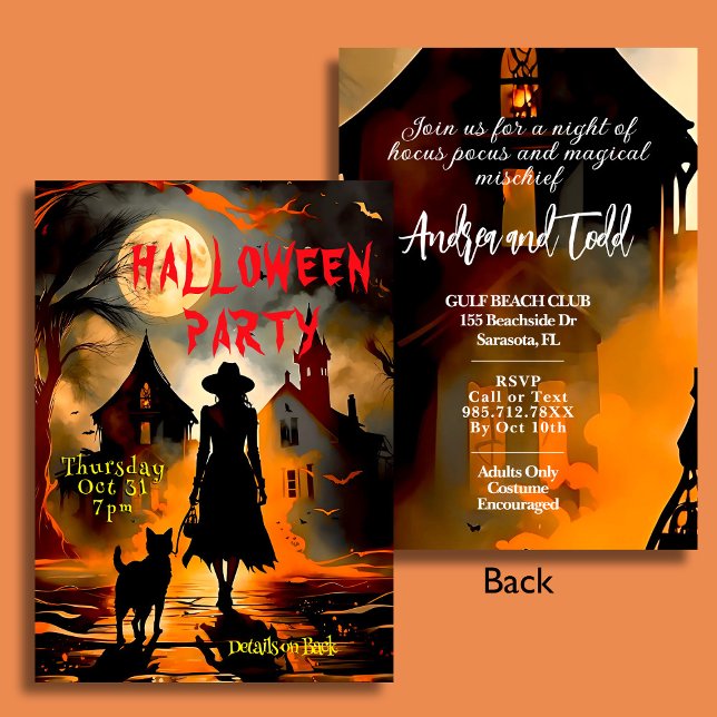 Convite A bruxa elegante e a silhueta de gato do Halloween (Criador carregado)