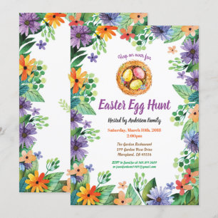 Convite à caça de ovos na Páscoa. Flores de ág