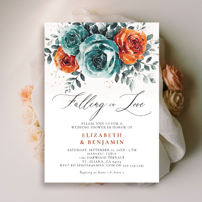 Convite A cair no Chá de panela do Casamento Teal Orange (falling in love wedding shower invitation teal burnt orange terracotta watercolor floral botanical)