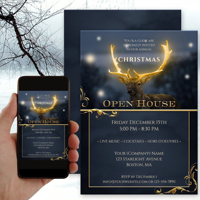 Convite à Casa Aberta de Férias de Natal Legais (Christmas Open House invitation showing a deer with glowing antlers and festive light sparkles)