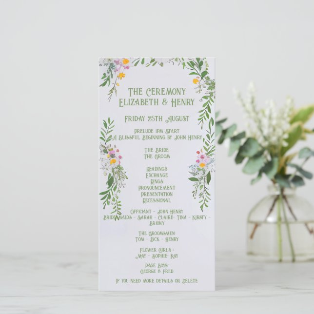 Convite à cerimônia de casamento de flores silvest (Em pé/Frente)