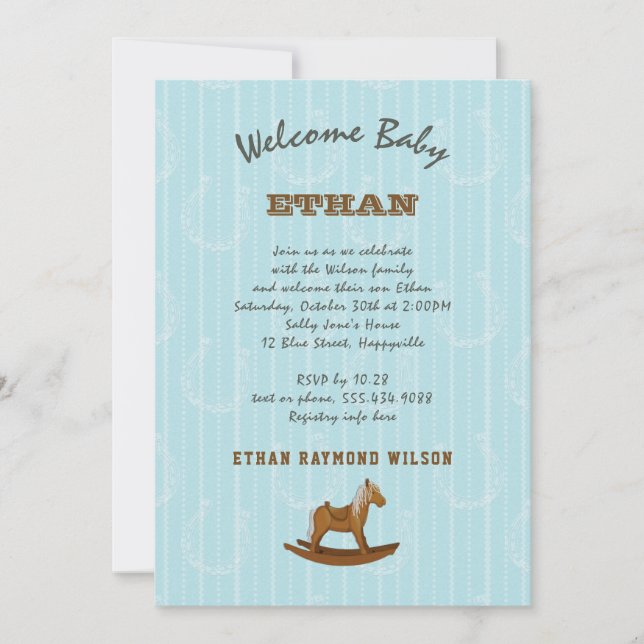 Convite à Chá de Bebê Boy Rocking Horse (Frente)