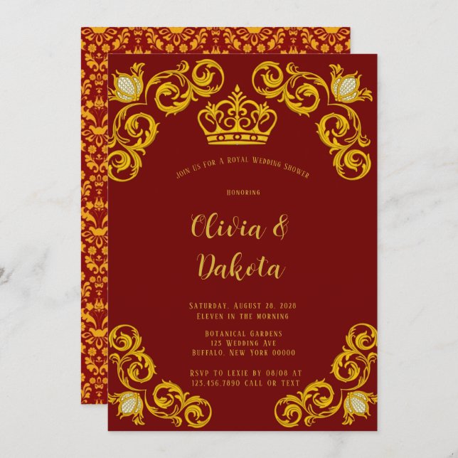 Convite à Chá de casamento Real Vermelha e Dourada (Frente/Verso)