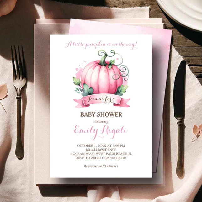 Convite à Chá de fraldas de Abóbora Rosa - Tema de (Baby shower invitations girl pink watercolor pumpkin )