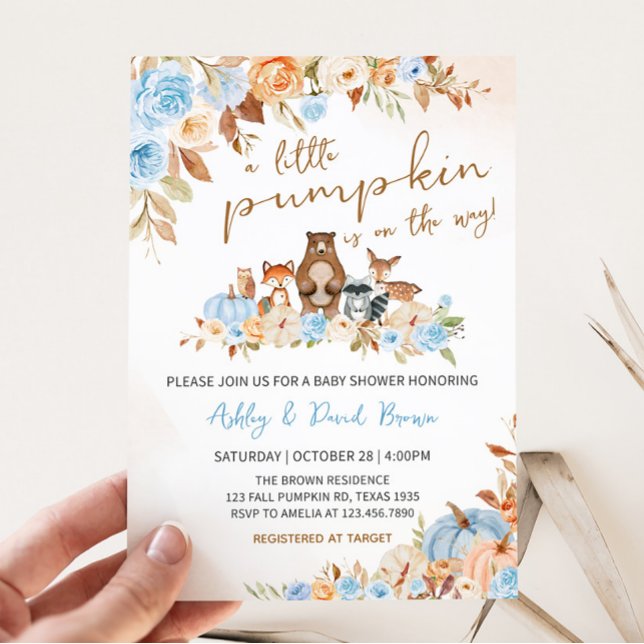 Convite à Chá de fraldas de Pumpkin Azul (Blue Floral Woodland Baby Shower Invitation)