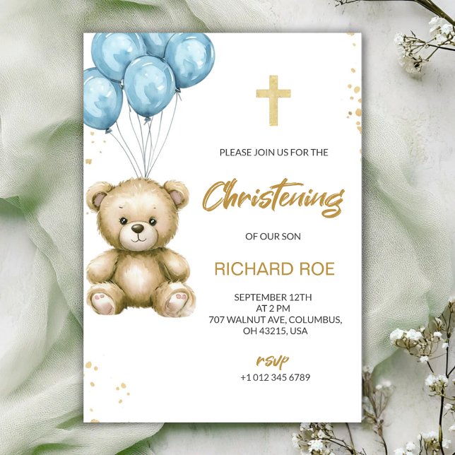 Convite A christening Invitation features a teddy bear (Criador carregado)