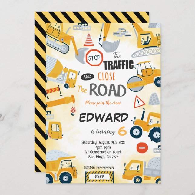 Convite à Construção de Aniversário de 6 (Frente/Verso)