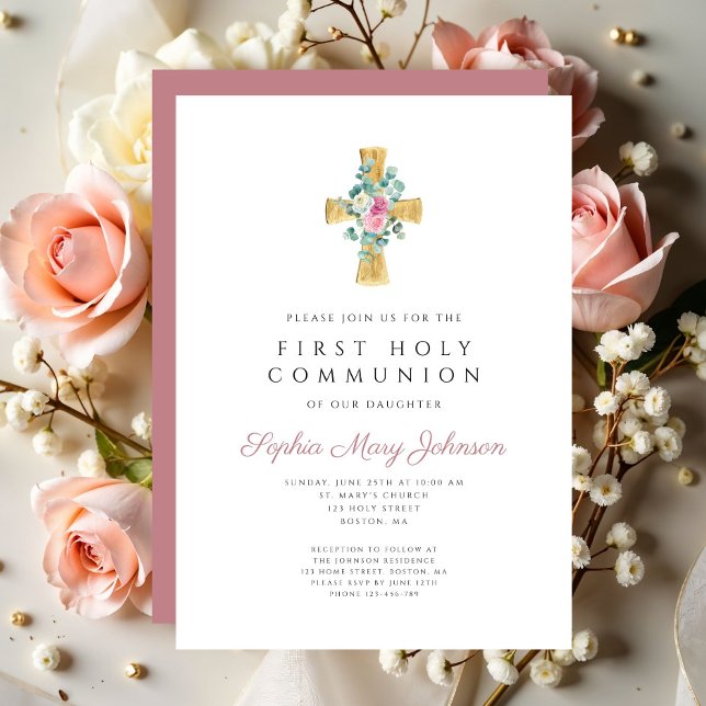 Convite A Cruz Floral Rosa Elegante Primeira Comunhão Sant (Elegant Pink Floral Cross First Holy Communion Invitation)