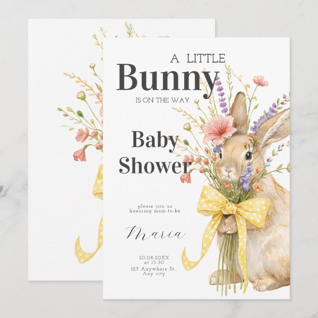 Convite A cute little Floral Bunny Yellow Bow Baby Shower  (Frente/Verso)