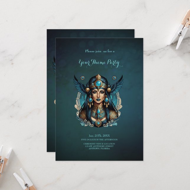 Convite A deusa egípcia está em cor azul. (Frente/Verso In Situ)