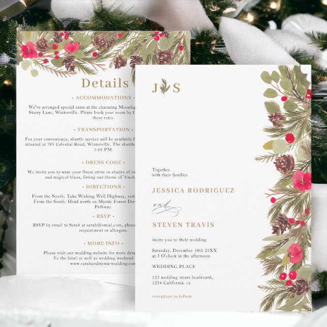 Convite A elegância do pinheiro de inverno, tudo em um Cas (Winter pine elegance initial all in one Wedding Invitation)