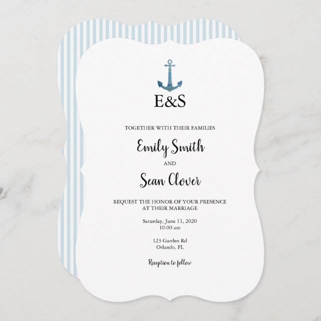 Convite à Faixa Azul Monograma de Casamento Náutic (Frente/Verso)