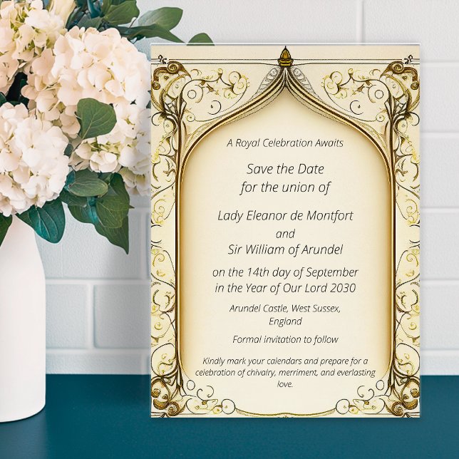 Convite A Fantasia Medieval Chegou Salva A Data (Medieval Fantasy Arched Save The Date Invitation)